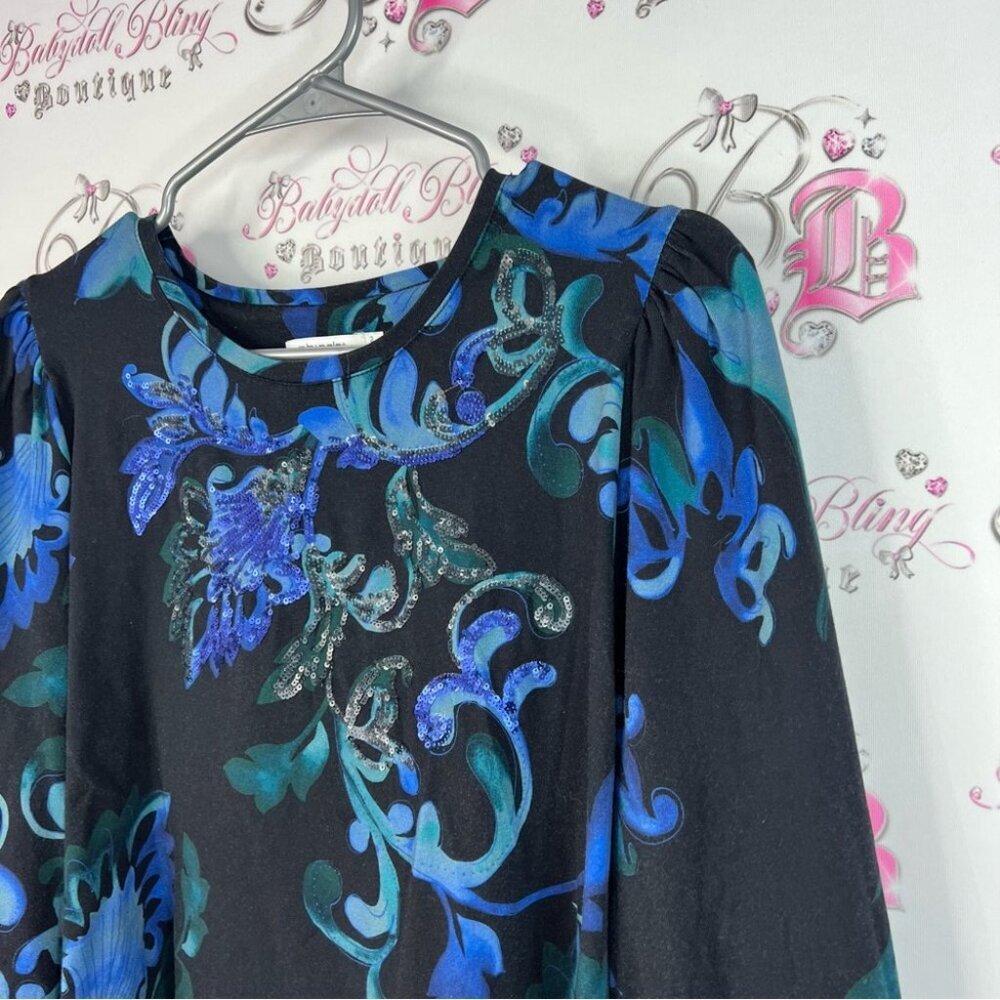 Chico's blouse long sleeve sequins sparkly shimmer Black and Blue Floral Blouse - Picture 3 of 9